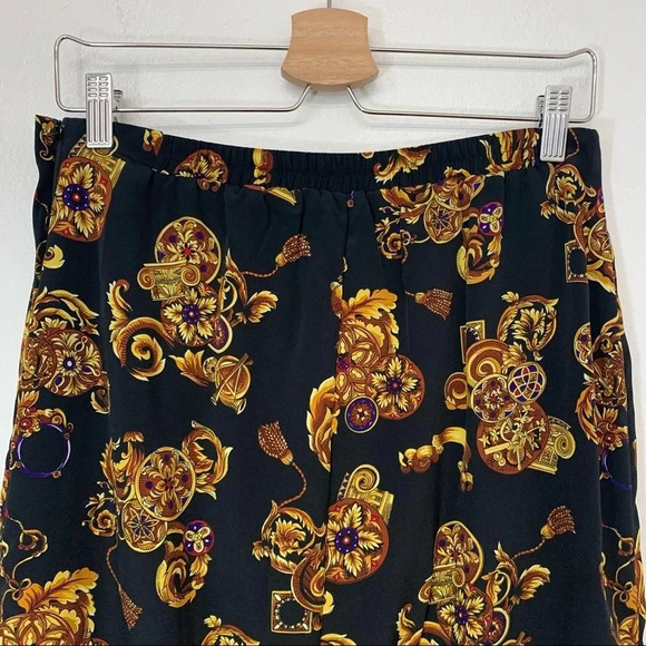 CK Midi Skirt 12 Faux Wrap Black Gold Floral Print Classic Whimsy Goth Office// - Picture 6 of 11